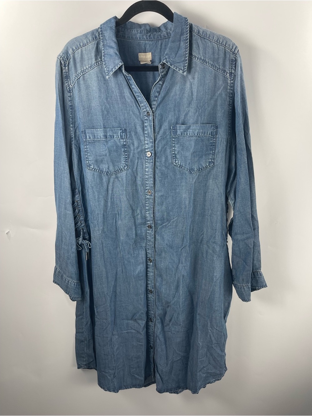 Chico’s Women’s Blue Chambray Preppy Academia Size 16 Button Front Shirt Dress